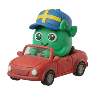 KörkortPro mascot wearing a Swedish flag cap and driving a red car